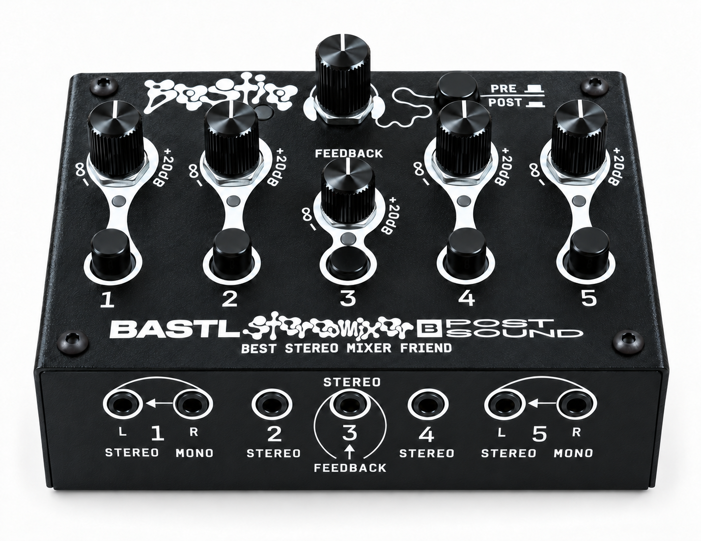 AI-generated illustration of the black Bastl Bestie mixer, showing its six rotary knobs, five channel mute buttons, pre/post button and seven front input jacks.