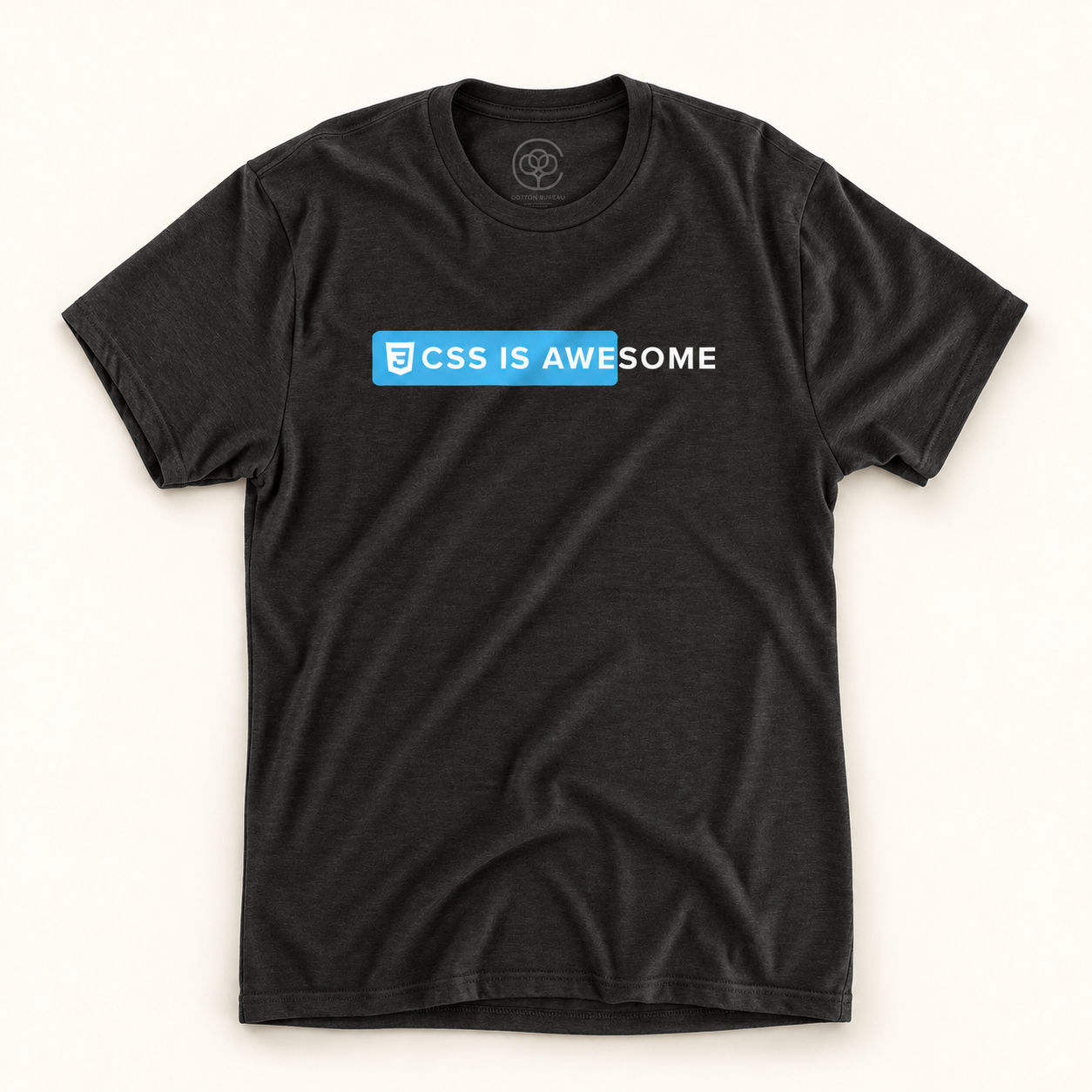 AI-generated illustration of the CSS IS AWESOME T-shirt by wsky in Vintage Black, with a cyan rectangle, white CSS shield and white text extending past the rectangle.