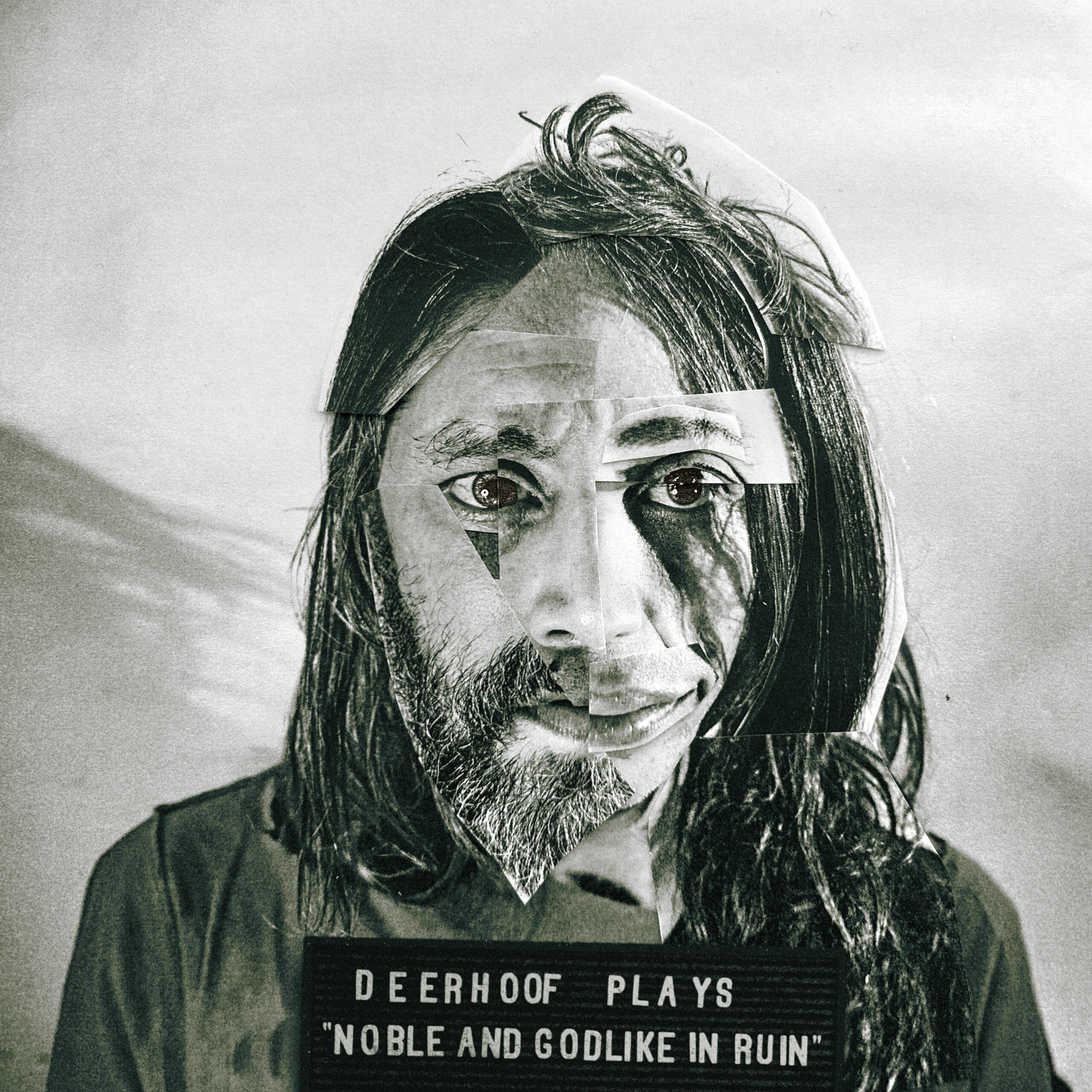 Noble and Godlike in Ruin album artwork: a monochrome collage of faces above a board displaying Deerhoof and the album title.