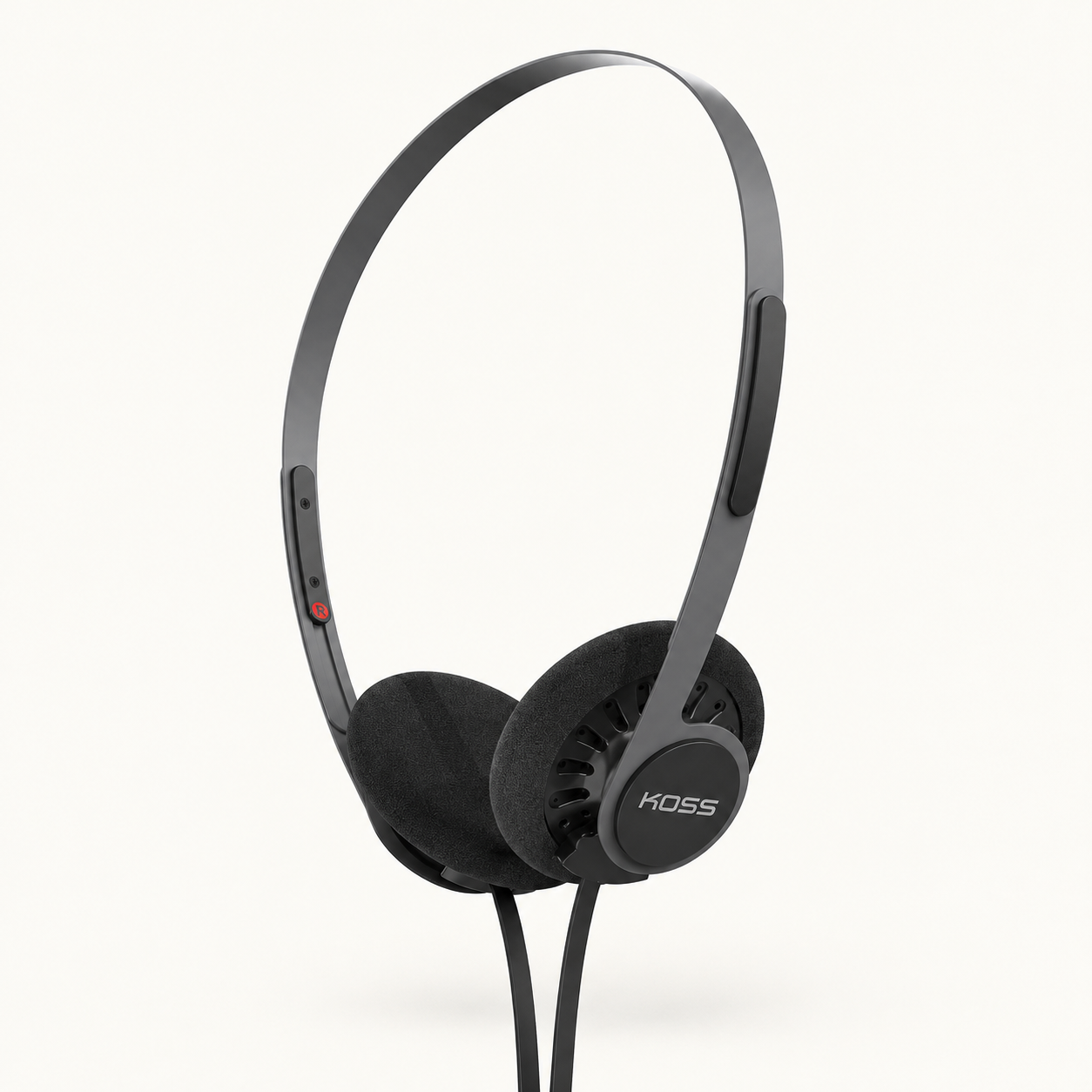 AI-generated illustration of Koss KPH40 Utility headphones in Stealth Grey, with a slim grey headband, black foam ear pads and wired leads.