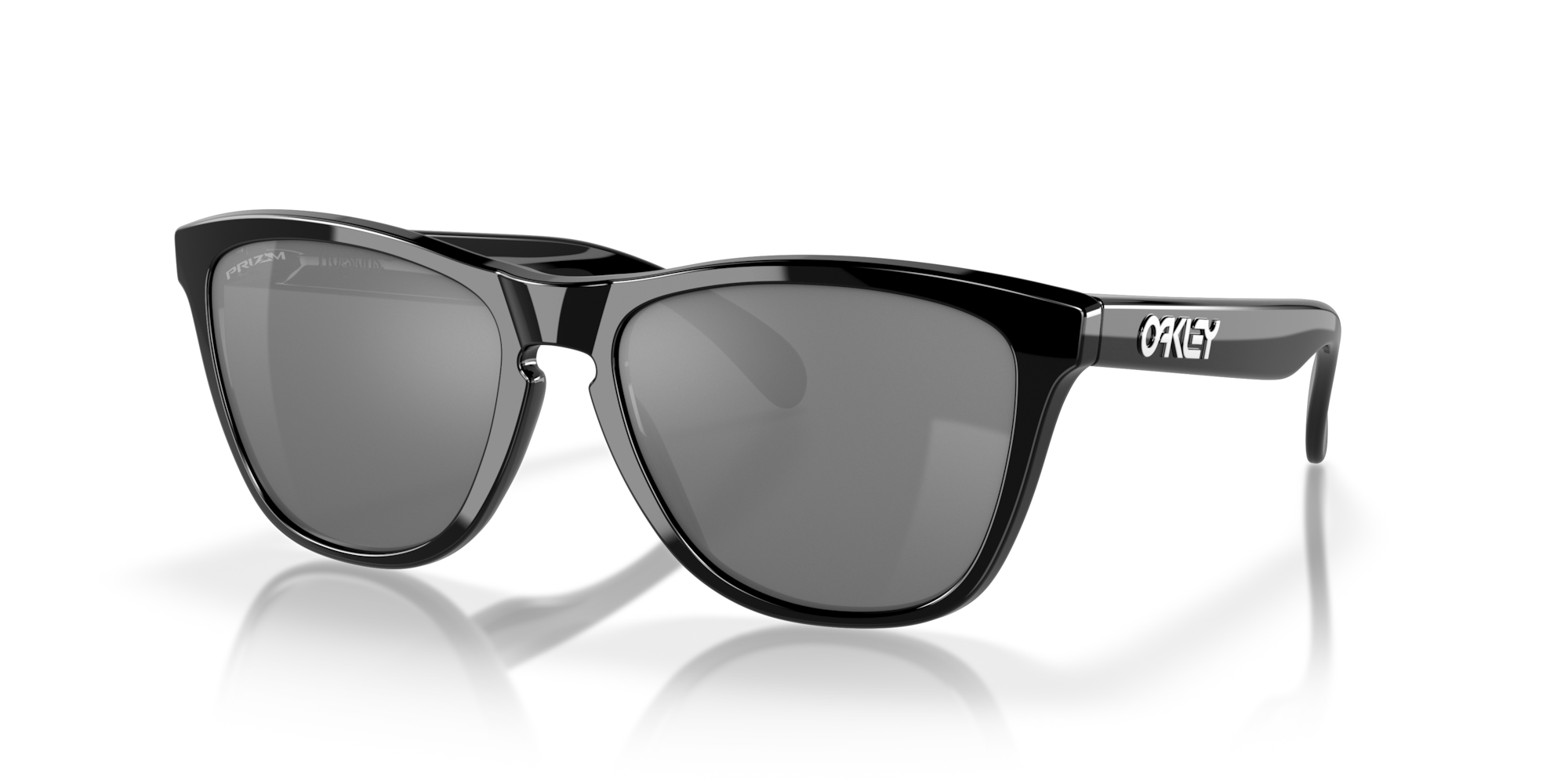 Oakley Frogskins sunglasses shown with a polished black frame and dark Prizm Black lenses