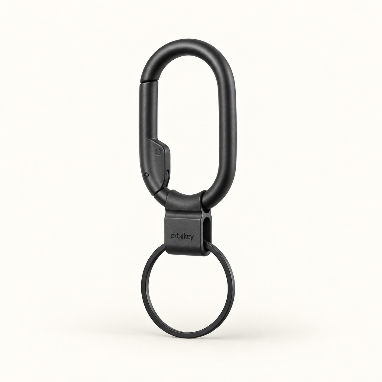 AI-generated illustration of the Orbitkey Clip Mini in Black, with a closed oblong carabiner, bottom connector and empty round keyring.