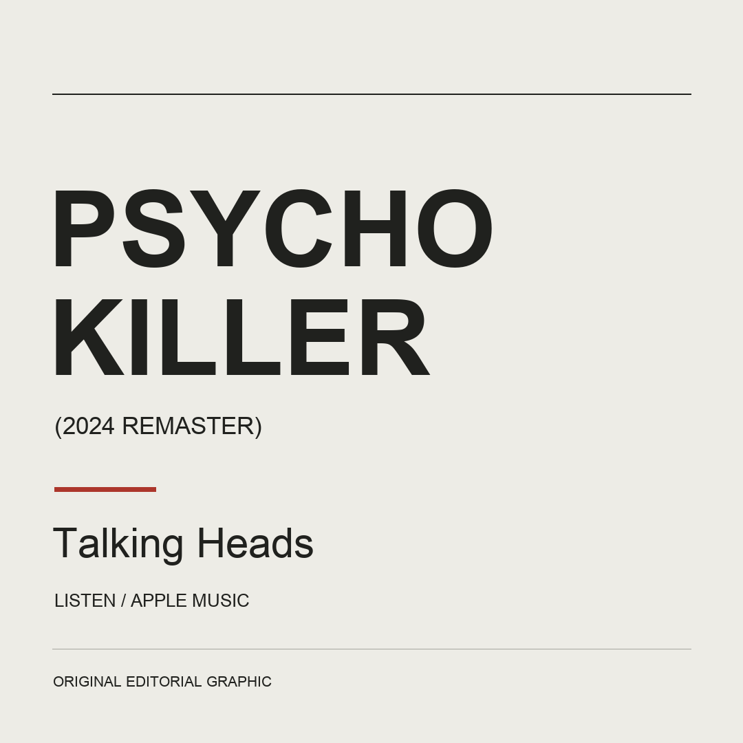 Original cream typographic graphic reading Psycho Killer, 2024 Remaster, Talking Heads.