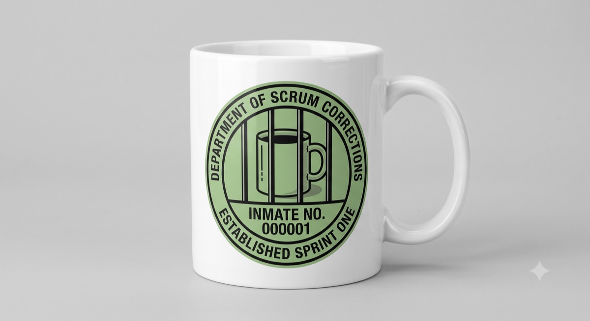 White ceramic Scrum Jail mug with a green Department of Scrum Corrections seal