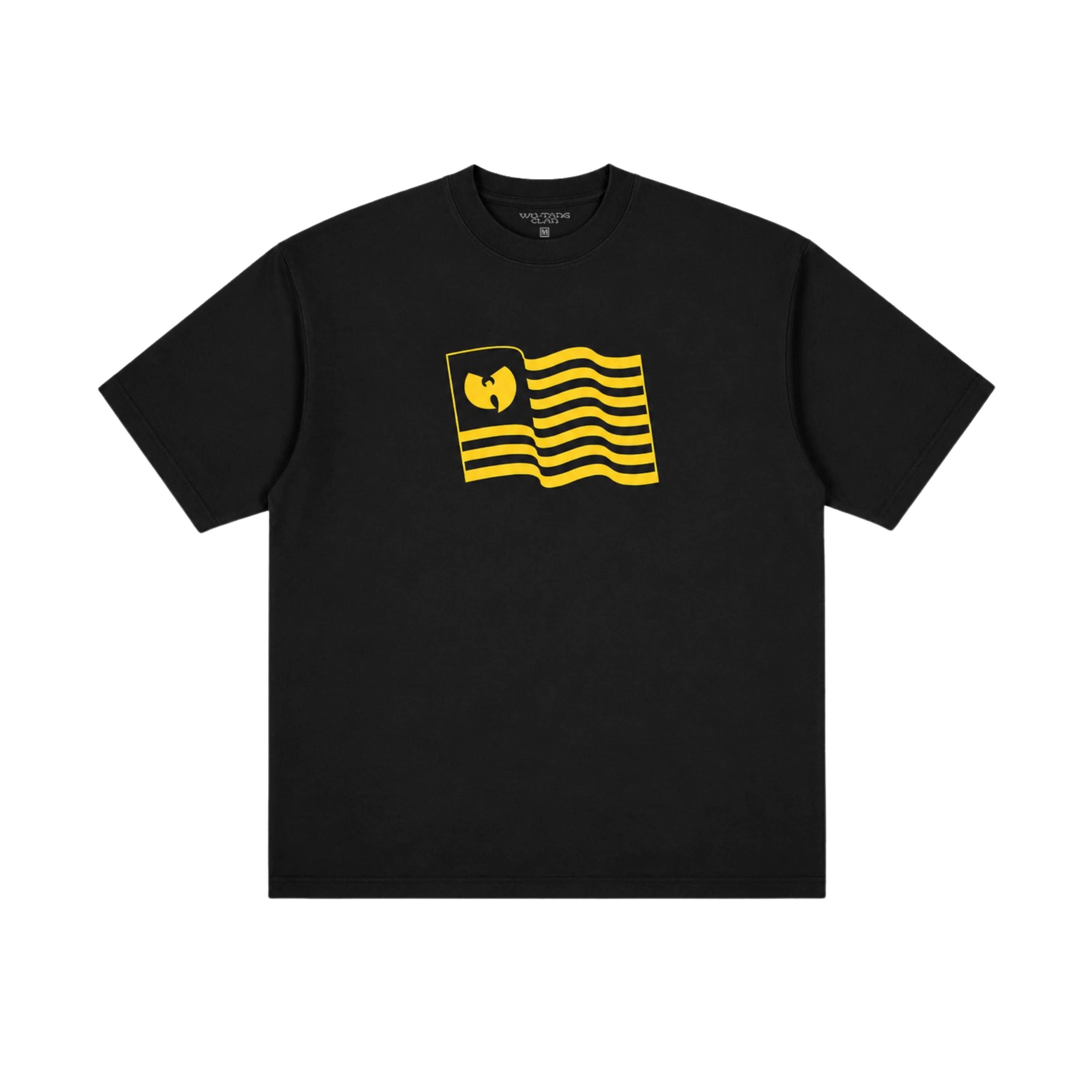 Black Wu Freedom Flag T-shirt with a yellow Wu-Tang flag graphic on the front